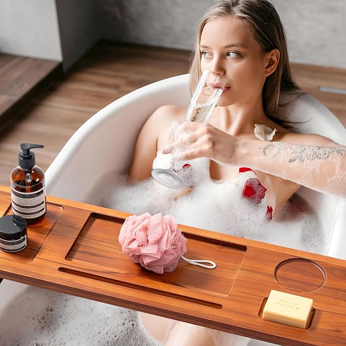 Teak Bathtub Tray for Freestanding Tubs - 29" Heavy-Duty Luxury Bath Caddy, Non-Slip Zero-Wobble Design, Water-Resistant Spa Organizer with Wine Glass & Phone Holder