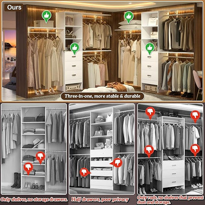 8FT Closet System, 96'' Closet Organizer System with 3 Hanging Rods, Wall Mount Bedroom Wardrobe with 3 Drawers Walk-in Closet, Adjustable Cloth Garment Rack from 5 to 8FT (Cut to Fit), White