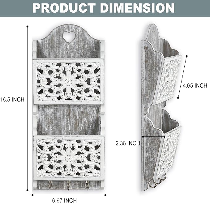 Key and Mail Holder for Wall Mail Holder for Wall, 2-Slot Mails Organizer with 3 Hooks, Key Hangers Rustic Wooden Walls Organizers for Letter Magazines