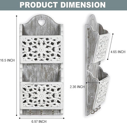 Key and Mail Holder for Wall Mail Holder for Wall, 2-Slot Mails Organizer with 3 Hooks, Key Hangers Rustic Wooden Walls Organizers for Letter Magazines