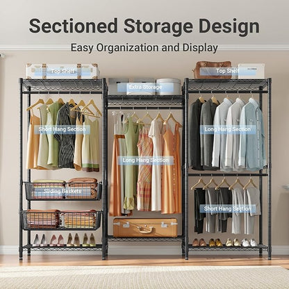 VIPEK V10 Garment Rack Large Size Heavy Duty Clothes Rack with Hanging Rods, Adjustable Shelves & 2 Slid Storage Baskets, Wire Clothing Rack 68.9" W x 15.7" D x 76.4" H, Max Load 920 LBS, Black