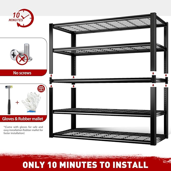 REIBII 48.2'' W Garage Shelving, 3010LBS Storage Shelves Heavy Duty, 5 Tier Adjustable Metal Shelving Unit for Warehouse, Garage, Basement, 48.2" W x 24.5" D x 72" H