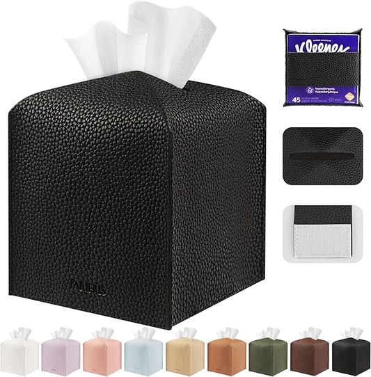 Tissue Box Cover Holder Square Tissue Cube Cover PU Leather Tissue Organizer with Bottom Belt for Bathroom, Tabletop, Car, Night Stands, Office, Home, Kitchen (1, Black)