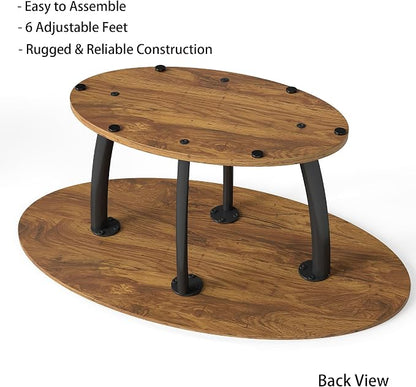 Manora Rustic Oval Coffee Table with Storage Shelf, 2-Tier Wood Grain Center Table for Living Room, Farmhouse Tea Table with Sturdy Black Legs for Apartment, Small Spaces, Easy Assembly, Brown