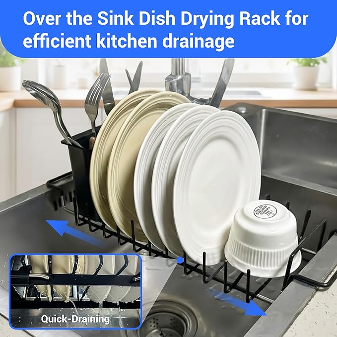 Expandable & Collapsible Dish Drying Rack for Over The Sink and in Sink, Stainless Steel with Silicone Drip Tray, Space Saving Adjustable Dish Rack for Small Kitchen, Apartment & RV