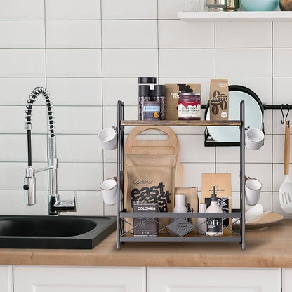 LOTEYIKE 2 Tier Coffee Cup Holder for Countertop, Coffee Mug Organizer with 12 Hook, Coffee Mug Holder, Metal Coffee Mug Shelf for Coffee Bar Kitchen, Black
