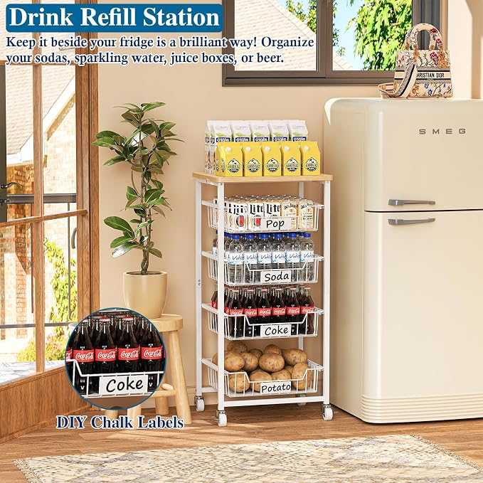 OKZEST 5-Tier Small Kitchen Storage Cart on Wheels with Pull-Out Drawers, Rolling Pantry and Snack Organizer Cart with Wood Top, Kitchen Floor Fruit Basket Stand for Fruit Potato Onion Veggie Snack