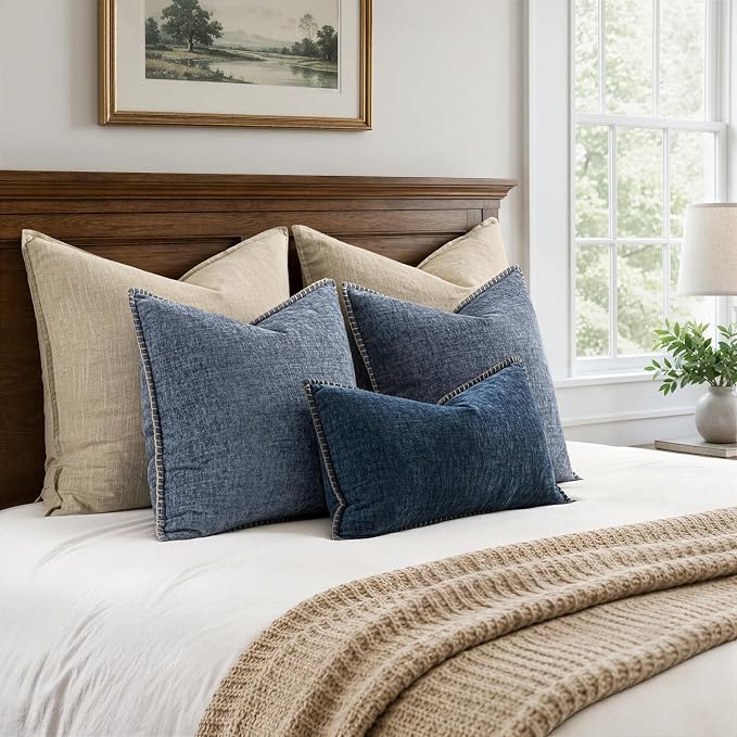 MIULEE Pack of 2 Couch Throw Pillow Covers 18x18 Inch Dark Blue Farmhouse Decorative Pillow Covers with Stitched Edge Soft Chenille Solid Dyed Pillow Covers for Sofa Bed Living Room
