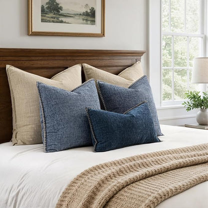 MIULEE Pack of 2 Couch Throw Pillow Covers 18x18 Inch Dark Blue Farmhouse Decorative Pillow Covers with Stitched Edge Soft Chenille Solid Dyed Pillow Covers for Sofa Bed Living Room