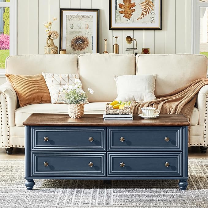 48" Farmhouse Coffee Table with Hidden Storage,Wooden Coffee Tables with 4 Drawers & Roman Column Handle,Rectangular Rustic Center Table with Solid Wood Curved Legs for Living Room,Office,Blue