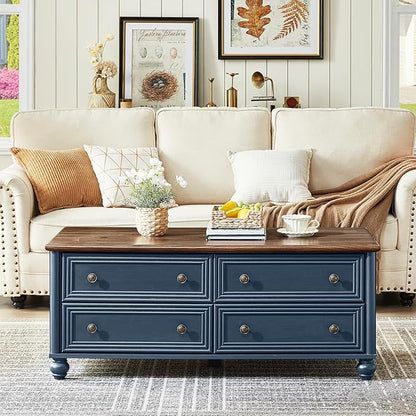 48" Farmhouse Coffee Table with Hidden Storage,Wooden Coffee Tables with 4 Drawers & Roman Column Handle,Rectangular Rustic Center Table with Solid Wood Curved Legs for Living Room,Office,Blue