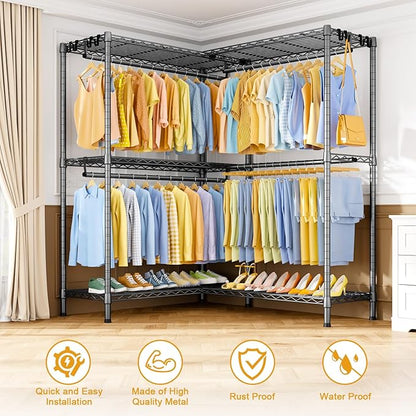 E15 Pro Garment Rack L Shaped Clothes Rack for Corner，Freestanding Clothing Racks for Hanging Clothes，Heavy Duty Closet System with 4 Hanging Rods & 8 S Hooks，48.8"W x 15.8"D x 78.4"H，Grey