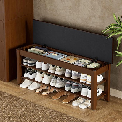 Shoe Rack Bench with Flip-Top Storage, Solid Wood Entryway Bench with Cushion, Adjustable Shelf, for Hallway, Mudroom, Closet – Walnut, 39.4"