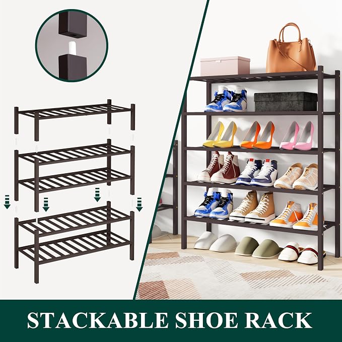 Smiry Bamboo Shoe Rack, 4 Tier Free Standing Wooden Shoe Organizer, Stackable Wood Shoe Storage Shelf for Closet, Entryway, 12 Vertical Slats, 2+2 Stack Standard Legs, 26.8"x11"x26", Brown