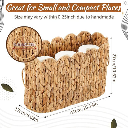 Wicker Toilet Paper Storage Basket Large Scallop Edge Water Hyacinth Narrow Wicker Baskets for Toilet Paper up to 9 Mega Rolls for Bathroom Accessories Organizer Storage