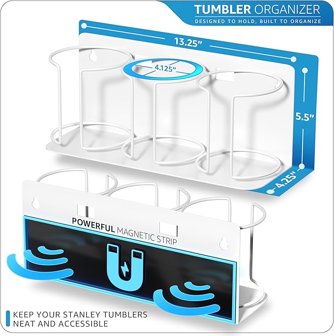 Sorbus Stanley Cup Organizer – 3-Cup Holder for Cabinet, Fridge, or Wall – Magnetic or Screw Mount – Stanley Storage Organizer for 20oz 30oz 40oz Cups, Tumblers, and Water Bottles (White 2-Pack)
