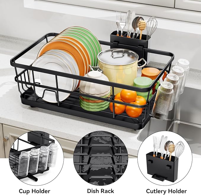 TOOLF Dish Drying Rack, Dish Racks for Kitchen Counter, Stainless Steel Sink Organization and Storage Essentials with Cutlery Holder, Dish Drainer, Home and Appartment Decor, 12.4''W x 16.5''L, Black