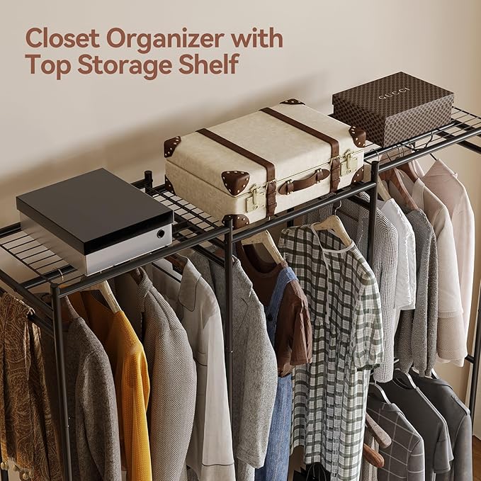 Portable Wardrobe Closet, Triple Column, Clothes Rack for Bedroom with Hanging Areas and Storage Shelves, Tall Freestanding Clothes Organizer