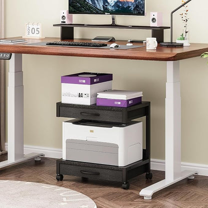 VENNQD 2-Tier Desktop Printer Stand with 2 Fabric Drawers, Prtiner Table with Storage Shelf, Desk Organizer for Home Office,3D Printer,Fax Machine,Scanner (Black, 2 Tier)