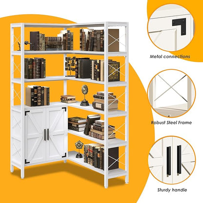 Wildhome 6-Shelf Corner Bookshelf, Vintage Industrial Corner Shelf Etagere Bookcase, Large Book Shelf with Metal Frame Open Storage Corner Cabinet (White-Lockers, Small)