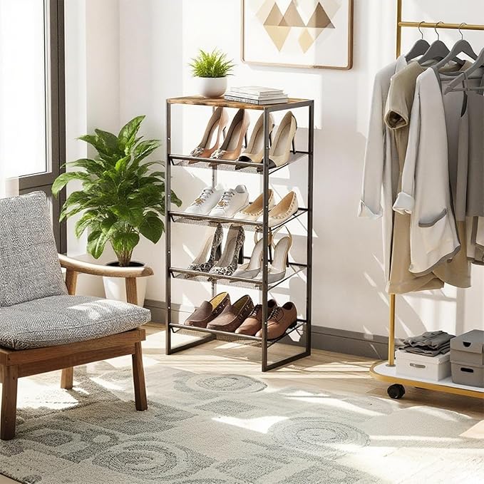 Garden 4 you 5 Tiers Narrow Shoe Rack,Small Space Freestanding Shoe Storage Organizer with Brown Wooden Tabletop,Adjustable Metal Shelf Stackable Shoe Shelf for Entryway Hallway Living Room Closet