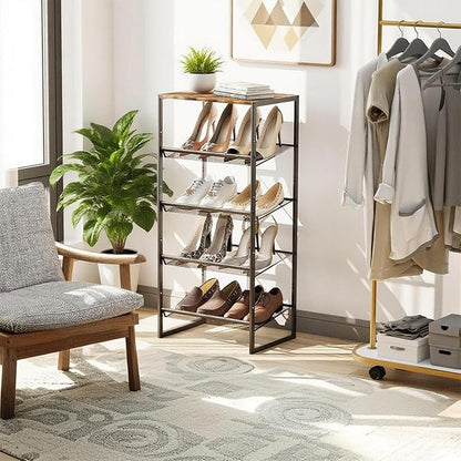 Garden 4 you 5 Tiers Narrow Shoe Rack,Small Space Freestanding Shoe Storage Organizer with Brown Wooden Tabletop,Adjustable Metal Shelf Stackable Shoe Shelf for Entryway Hallway Living Room Closet