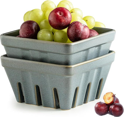 Gomakren Fruit Basket for Kitchen, Fruit Bowl with Holes, Ceramic Berry Basket Set of 2, 5.7 Inch Square Berry Containers for Fridge, Table, Modern Kitchen Decor, Slate Blue