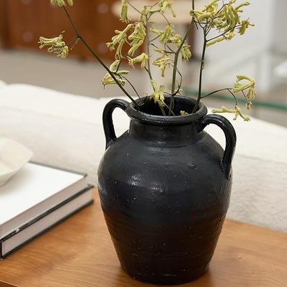 Wild Works Bailey Handmade Black Vase with 2 Ear Design - 9.6'' Tall Terracotta Vase, Vintage Rustic Antique Decor, Black Ceramic Vases, Flower for Living Room, Entrance,Wabi-sabi Decorations
