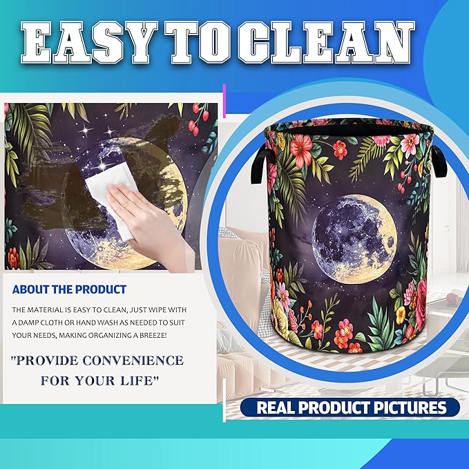 Moon Flowers Laundry Basket Beautiful Night Oxford Cloth Laundry Hamper With Handle Foldable Portable Clothes Storage Basket 18.9 X 16.5 Inch Storage Bag For Laundry Room/Bathroom/Bedroom/Dormitories