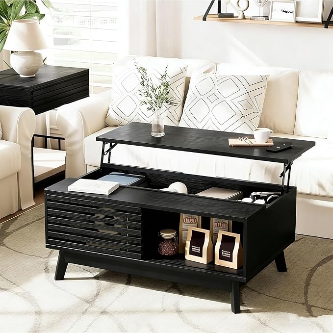 HAIOOU Lift Top Coffee Table, Mid Century Modern Coffee Table with Hidden Storage for Living Room, 35.4" Lift Tabletop Coffee Tables with Sliding Fence Door for Dining Working (Black)
