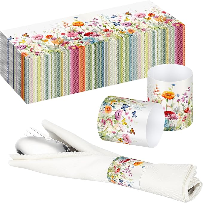 300 Pcs Spring Wildflower Paper Napkin Rings Disposable Napkin Bands Self Adhesive Colorful Wildflower Silverware Wrap Band for Floral Birthday Holiday Party Dinner Table Setting Decoration