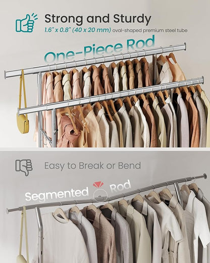 SONGMICS Clothes Rack, Heavy-Duty Rolling Clothing Garment Rack with Wheels, Extendable Double Hanging Rods and Adjustable Height, Portable, with Shelf and Hooks, Silver UHSR015E01