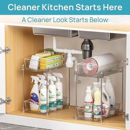Vtopmart 4 Pack Higher Bathroom Organizer, 2 Tier White Under Sink Organizers Vanity Countertop Storage Container,Cabinet Drawers Bins, Pull-Out Organization with Track for Pantry, Kitchen