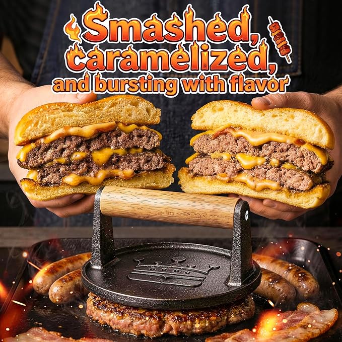 Smash Burger Press 6.5”,Cast Iron Flat Round Edge Grill/Bacon/Meat/Hamburger/Chef Press with Wood Handle,1.74lb hamburger press patty maker for Griddles,Nonstick burger smasher for griddle accessories