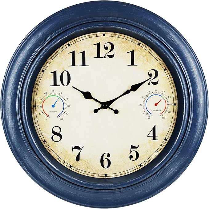 18 Inch Large Outdoor Clock with Thermometer & Hygrometer – Blue Vintage Farmhouse Decor Wall Clock Waterproof for Patio, Garden, Pool, Porch