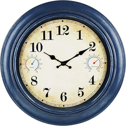 18 Inch Large Outdoor Clock with Thermometer & Hygrometer – Blue Vintage Farmhouse Decor Wall Clock Waterproof for Patio, Garden, Pool, Porch