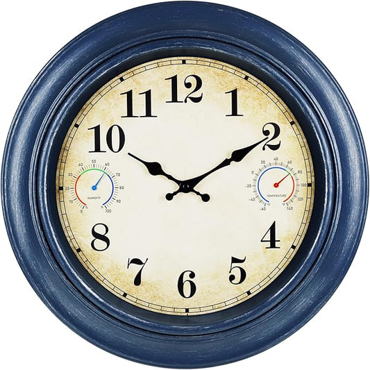 18 Inch Large Outdoor Clock with Thermometer & Hygrometer – Blue Vintage Farmhouse Decor Wall Clock Waterproof for Patio, Garden, Pool, Porch