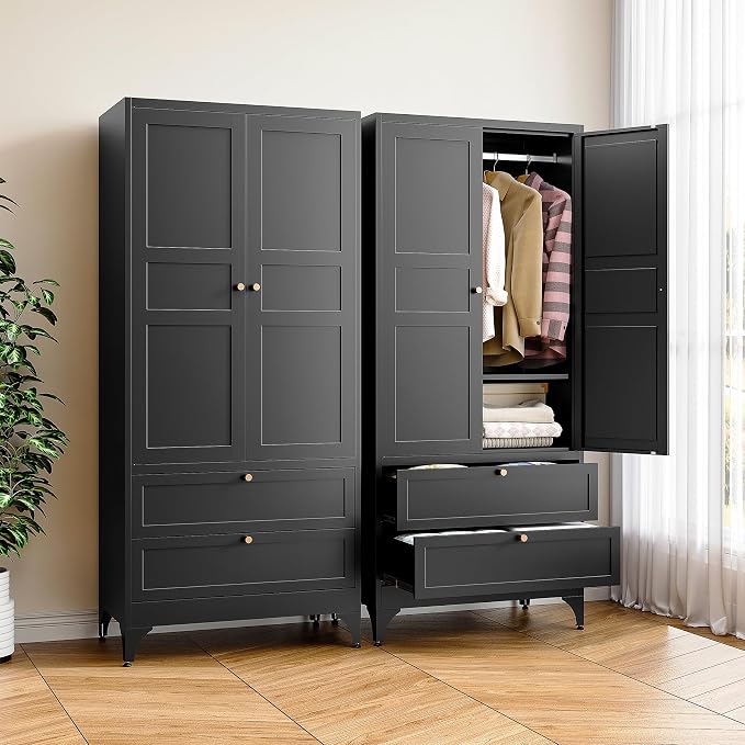 BYNSOE Metal Armoire Wardrobe Closet with 2 Drawers 71'' Wardrobe Cabinet with Drawers and Hanging Rail Metal Closet with Adjustable Shelves for Bedroom. (Black, with 2 Drawers)