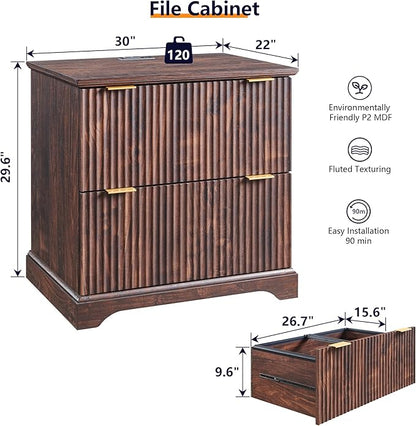 JXQTLINGMU 2 Drawer File Cabinet with Charging Station, 30" Fluted Lateral File Cabinet w/Files Hanging Rod for Letter/Legal/A4, Large Tabletop for Printer, Office Wood Printer Cabinets, Dark Walnut