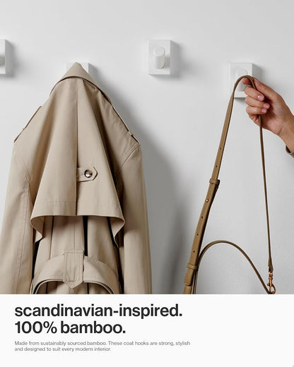 LARHN White Wall Hooks (4-Pack), Wall Mounted Coat Hooks for Wall, Wood Hooks for Hanging - Modern Scandinavian Home Decor - Series 6