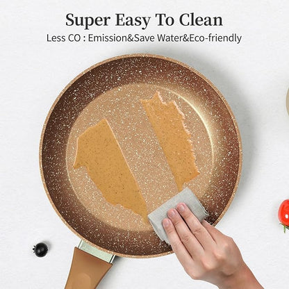 Innwewell Non Stick Frying Pan - Granite Stone Non Stick Skillet Frying Pans, Safe&No Toxic Egg Omelette Frying Pan, Nonstick Cookware Cooking Pan, Induction Compatible, PFOA Free(9.5inch, Gold)