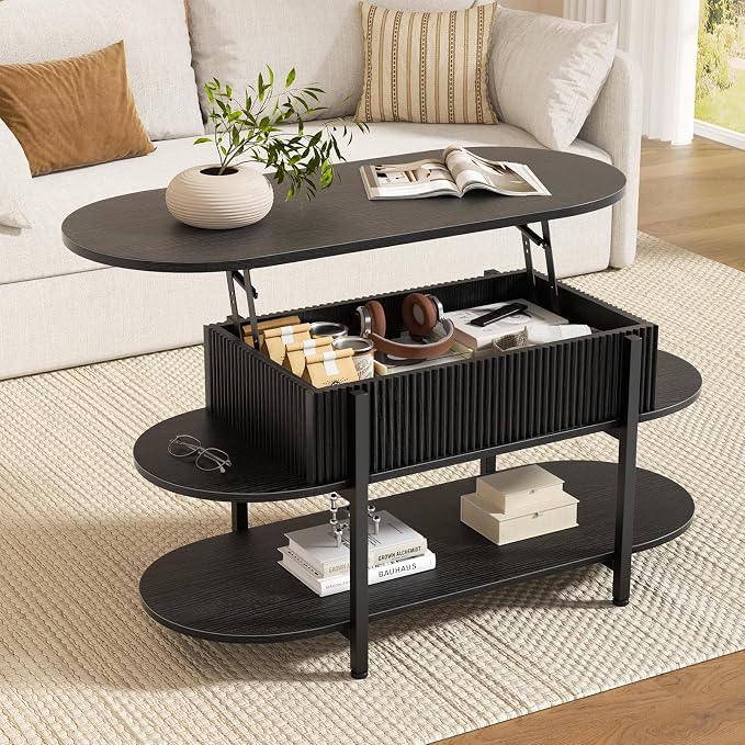 FABATO 41.7" Oval Lift Top Coffee Table, Fluted Wood Center Table with Hidden Storage, 3 Tier Small Tables with Curved Edge, Modern Narrow Coffee Table for Living Room Reception Room, Black