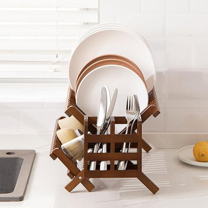HBlife Dish Rack,Teak Folding 2-Tier Collapsible Drainer Dish Drying Rack with Utensils Flatware Holder Set (Dish Rack with Utensil Holder)