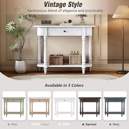 HMFULE Retro Curved Console Table, 36" Solid Wood Half Moon Console Table Sofa Table Entryway Table with 1 Drawer 1 Open Shelf Roman Legs Curved Corners for Living Room,Entryway,Hallway,White