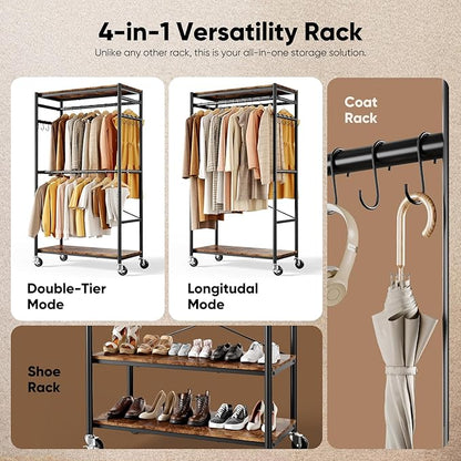 HOKEEPER Heavy Duty Rolling Garment Rack, Wood & Metal Clothing Rack with Shelves, Adjustable Height Freestanding Wardrobe for Bedroom, Freestanding Closet Organizer, Max Load 450 LBS