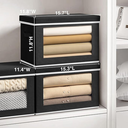 Homsorout Storage Bins with Lids, 3 Pack Large Storage Cubes with Window, Closet Bins with Lids & Handles, Fabric Box for Organizing Clothes, Towels, Books, Black