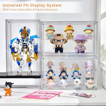 Clear Acrylic Display Case for Collectibles - 3-Tier Adjustable Figure Display with Magnetic Door & Removable Shelves,Stackable Dispaly Box for Figures - 2 Pack