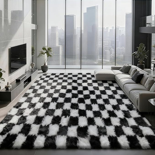 Large Area Rugs for Living Room Bedroom,9x12 Black and White Fluffy Soft Checkered Rug Fuzzy Shag Shaggy Carpet,Indoor Plush Floor Rugs for Teen Dorm Home Decor