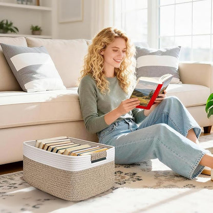 3 Pack Large Storage Basket for Organizing, 17.5"x13.5"x7.5" Woven Basket for Shelves, Closet Cube Storage Bins with Wrapped Handle, Cotton Rope Baskets for Kitchen, Clothes, Toys(Off White & Brown)