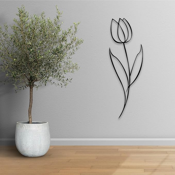 Minimalist Floral Metal Wall Art, Modern Tulip Design for Home Decor, Metal Flower Wall Sculpture for Living Room, Bedroom, or Office (24x8 inches)
